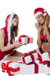 The Christmas girl with boxes of gifts isolated