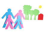 Photo: Conceptual image of paper cut out shapes representing a family with trees and house over white background Conceptual image of paper cut out shapes representing a family with trees and house over white background