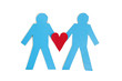 Two blue stick figures holding a red heart over white background