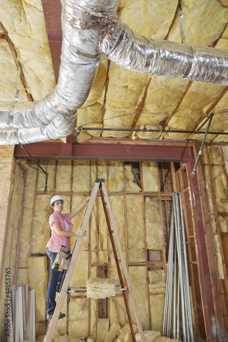 Photo: Female architect moving up the ladder to check incomplete ceiling Female architect moving up the ladder to check incomplete ceiling