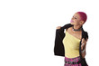 Happy young African American woman posing over white background