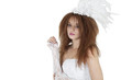 Portrait of beautiful young brunette in wedding gown over white background