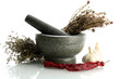 dried herbs in mortar and vegetables, isolatrd on white