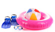 life ring, inflatable ball, flippers and mask isolated on white