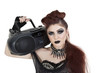 Photo: Portrait of punk woman holding boom box on shoulder over white background Portrait of punk woman holding boom box on shoulder over white background