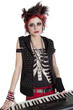 Portrait of rock woman with spiked hair and piano over white background