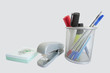Close-up of office supplies over white background
