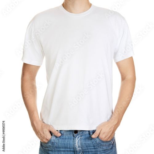 Photo: White t-shirt on a young man template isolated on white backgrou White t-shirt on a young man template isolated on white backgrou