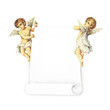 Two Victorian angels carrying a banner
