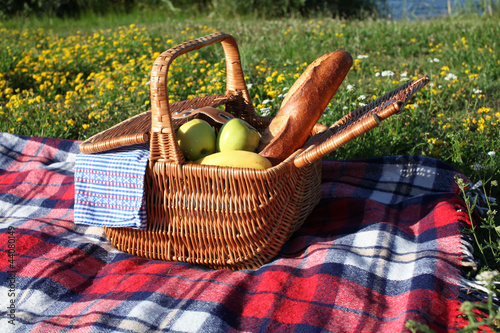 Photo: Picknickkorb auf einer Decke Picknickkorb auf einer Decke