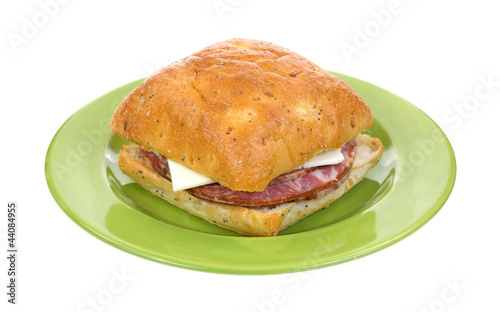 Photo: Capicolla and cheese sandwich on green plate Capicolla and cheese sandwich on green plate