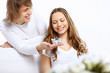 Young couple at home with present