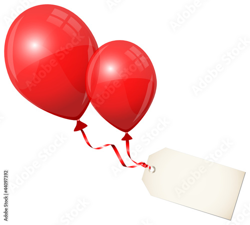 Vektor: 2 Flying Red Balloons & Beige Label 2 Flying Red Balloons & Beige Label