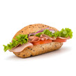 Photo: fast food baguette sandwich with lettuce, tomato, ham and chees fast food baguette sandwich with lettuce, tomato, ham and chees
