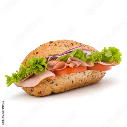 Photo: fast food baguette sandwich with lettuce, tomato, ham and chees fast food baguette sandwich with lettuce, tomato, ham and chees
