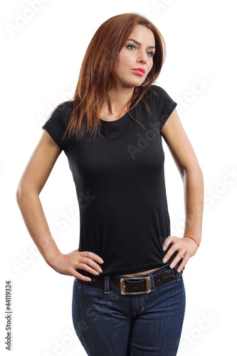 Photo: Sexy brunette wearing blank black shirt Sexy brunette wearing blank black shirt