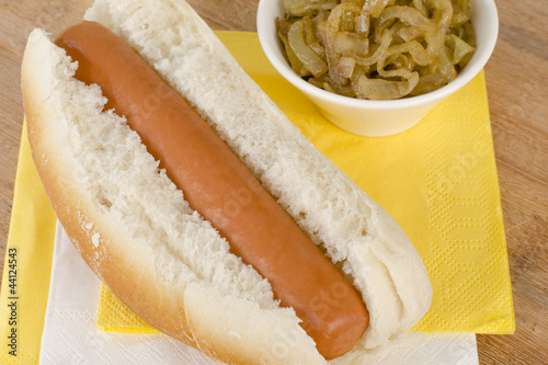 Photo: Simple Plain Hot Dog served with caramelized onions. Simple Plain Hot Dog served with caramelized onions.