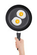 Fried eggs on the pan. Pan in hand on white background.