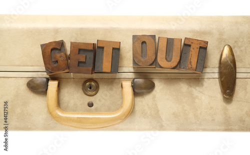 Photo: vintage suitcase with words get out vintage suitcase with words get out