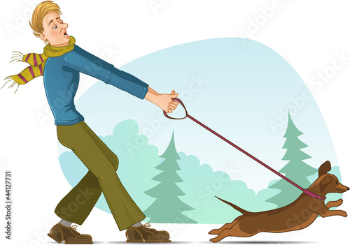 Vector: Cartoon man tries to keep a small dog on lead Cartoon man tries to keep a small dog on lead
