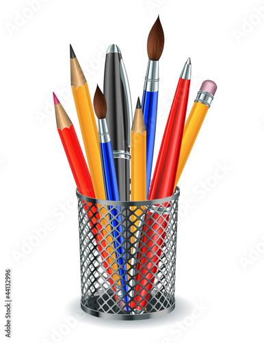 Vector: Brushes, pencils and pens in the holder. Brushes, pencils and pens in the holder.