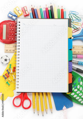 Photo: office and student accessories isolated over white background. B office and student accessories isolated over white background. B