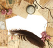 Photo: Retro border - background with old letters and rose flowers Retro border - background with old letters and rose flowers
