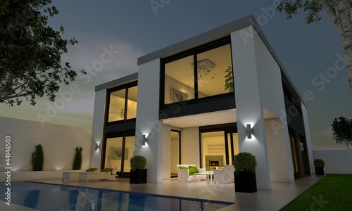 Illustration: Villa mit Pool abends Villa mit Pool abends