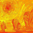 Mosaic abstract red sun with trees in yellow tone.