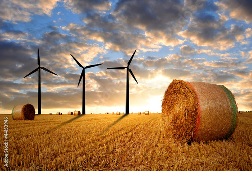Photo: Straw bales with wind turbines in the sunset Straw bales with wind turbines in the sunset