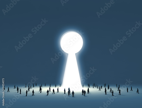 Illustration: People walking into a gate shaped like a keyhole People walking into a gate shaped like a keyhole