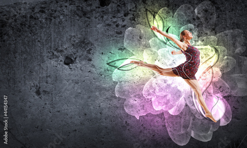 Photo: Girl in color dress dancing.Collage Girl in color dress dancing.Collage