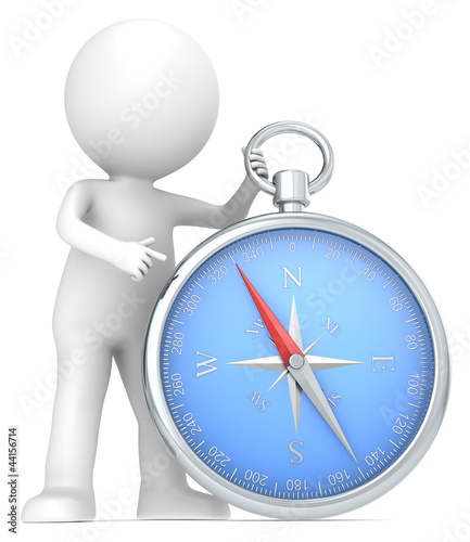 Illustration: Direction. 3D little human character Pointing at a Compass. Direction. 3D little human character Pointing at a Compass.