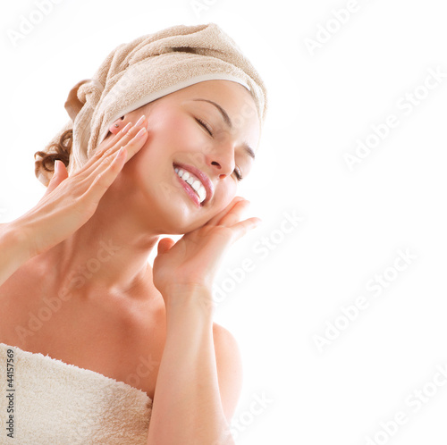 Photo: Beautiful Girl After Bath Touching Her Face. Skincare Beautiful Girl After Bath Touching Her Face. Skincare