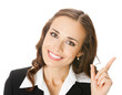 Businesswoman showing, on white