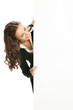 Businesswoman showing blank signboard, isolated