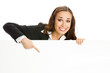 Businesswoman showing signboard, isolated