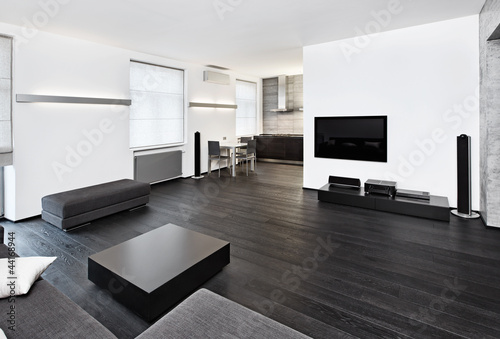 Photo: Modern minimalism style sitting room interior in black and white Modern minimalism style sitting room interior in black and white