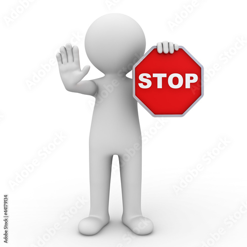 Photo: 3d man holding stop sign over white background 3d man holding stop sign over white background