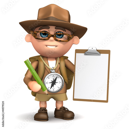 Illustration: 3d Adventurer has a clipboard and pencil 3d Adventurer has a clipboard and pencil