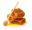 sweet honeycomb and wooden drizzler, isolated on white