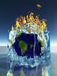 Earth inside ice cube being consumed by fire
