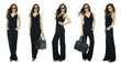 woman wearing black dress with fashion sunglasses and handbag ,