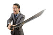 Businessman with sword on white