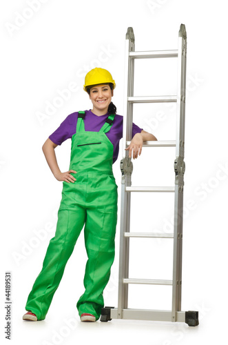 Photo: Woman worker with ladder on white Woman worker with ladder on white