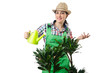 Woman watering plants on white