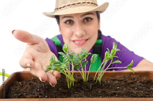 Photo: Girl watering plants on white Girl watering plants on white