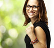 woman gesturing victory