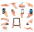 Vetor: Collection of hands holding different business objects Collection of hands holding different business objects