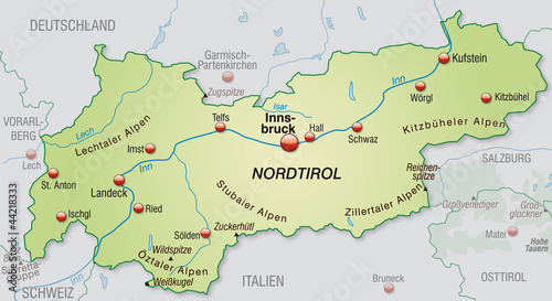 Vector: Umgebungskarte von Tirol mit Hauptstädten Umgebungskarte von Tirol mit Hauptstädten